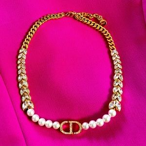 Christian Dior CD Womens Pearl Rhinestone Statement Necklace